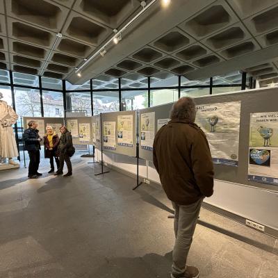 Besucher betrachten die Ausstellung der "Omas for Future" im Brettener Rathaus